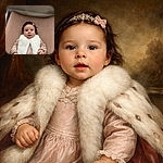 A tiny drama queen wrapped in a fluffy white scarf stares up with a curious, slightly bemused expression — part snack-negotiator, part nap-time negotiator, all adorable.