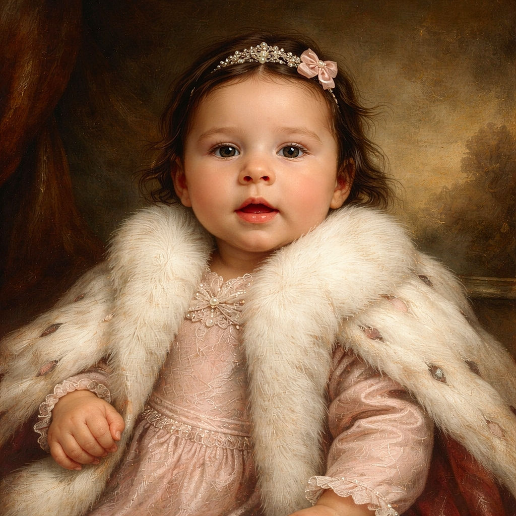 A tiny drama queen wrapped in a fluffy white scarf stares up with a curious, slightly bemused expression — part snack-negotiator, part nap-time negotiator, all adorable.