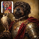 A scruffy dog wearing a colorful harness and a bright red bandana lounges on a patterned carpet, framed in a rounded arch with playful hand-drawn hearts adding a touch of whimsy.