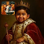 A cheerful toddler dressed in cozy denim and a fluffy jacket sits among a sea of bright orange pumpkins, looking ready to conquer the pumpkin patch with a mischievous grin and a hand firmly planted on a giant pumpkin.