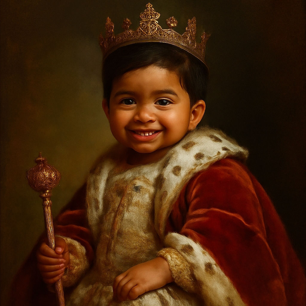 A cheerful toddler dressed in cozy denim and a fluffy jacket sits among a sea of bright orange pumpkins, looking ready to conquer the pumpkin patch with a mischievous grin and a hand firmly planted on a giant pumpkin.