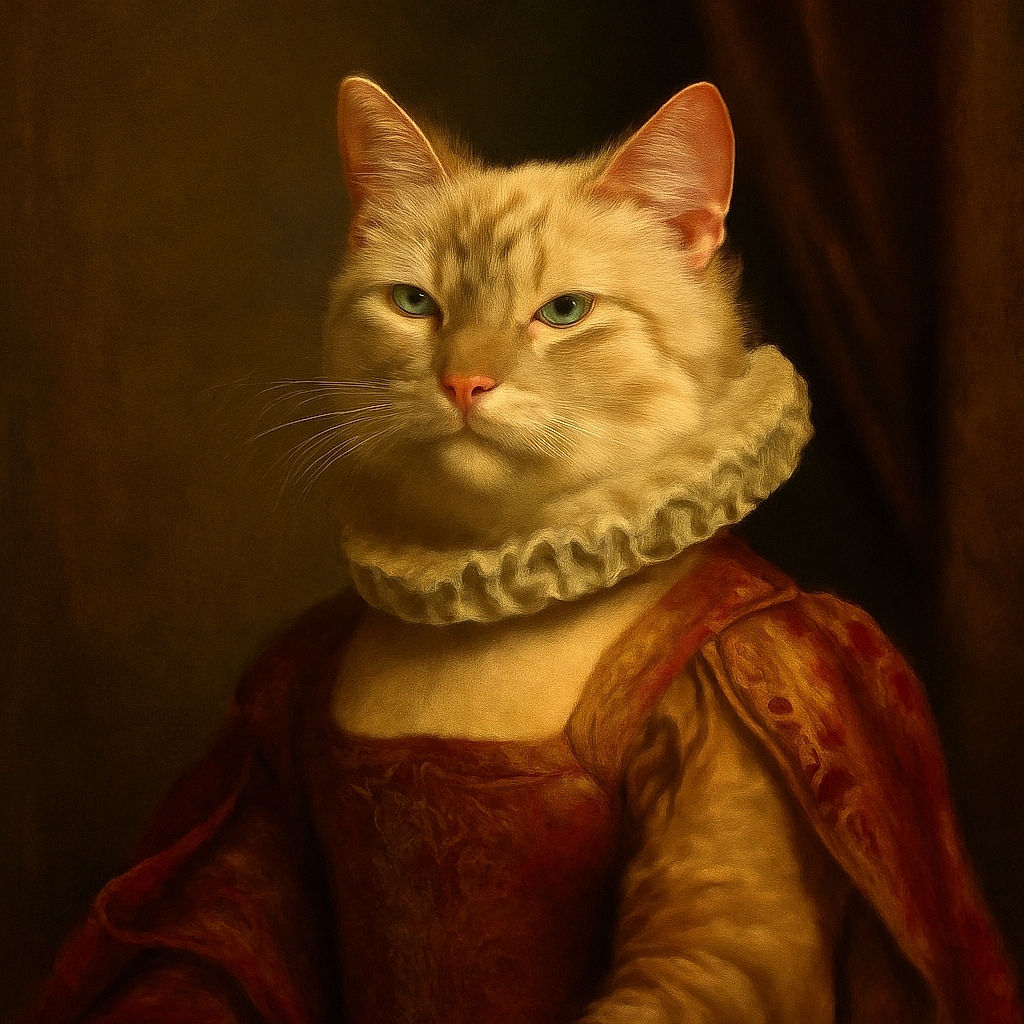 A regal cream-colored cat sits majestically on a white stool, basking in warm sunlight with a slightly squinty, unimpressed expression. Behind it, a soft pink blanket drapes over the chair, and a tall green plant adds a touch of nature to the cozy indoor setting.