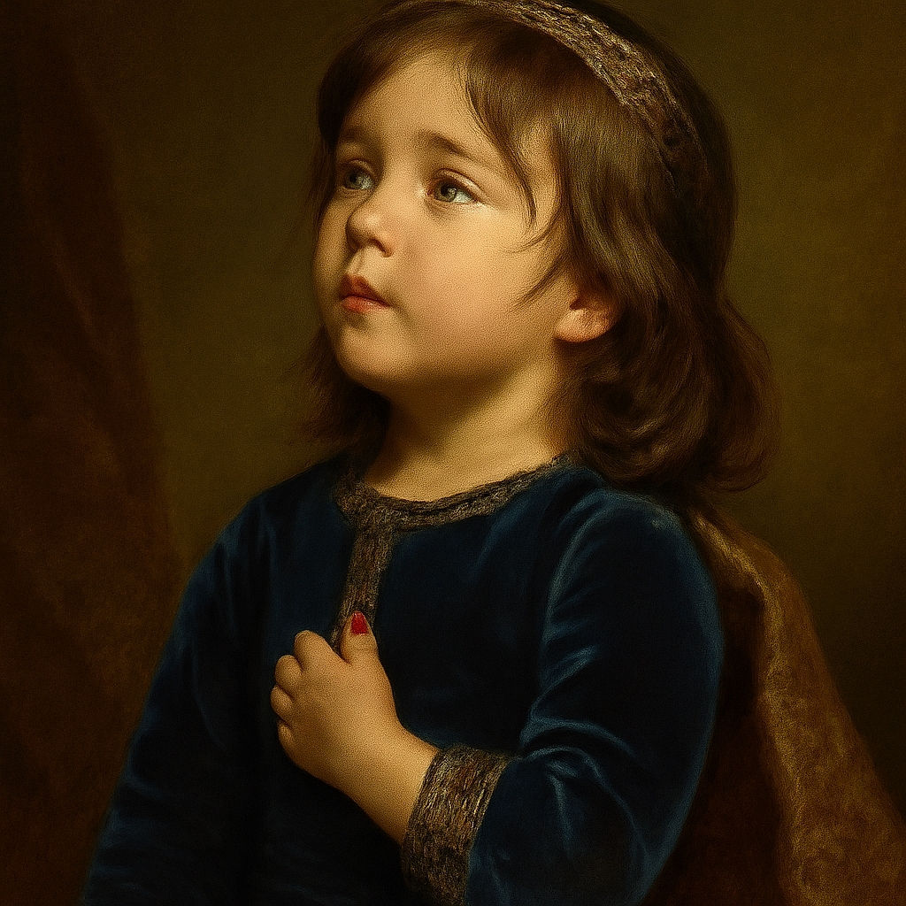 A curious toddler with tousled hair and a navy blue shirt gazes upwards, bathed in soft natural light that highlights the gentle texture of their hair and delicate facial features, sitting on a wooden floor with a green mat in the background.
