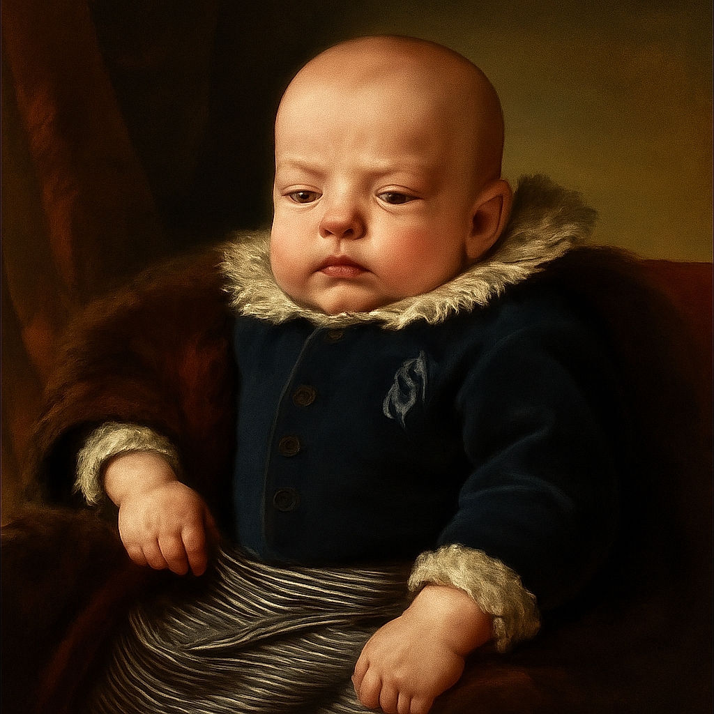 A sleepy baby dressed in cozy navy and striped pants stretches one arm up while rubbing an eye with the other, lying on a colorful play mat with whimsical shapes.