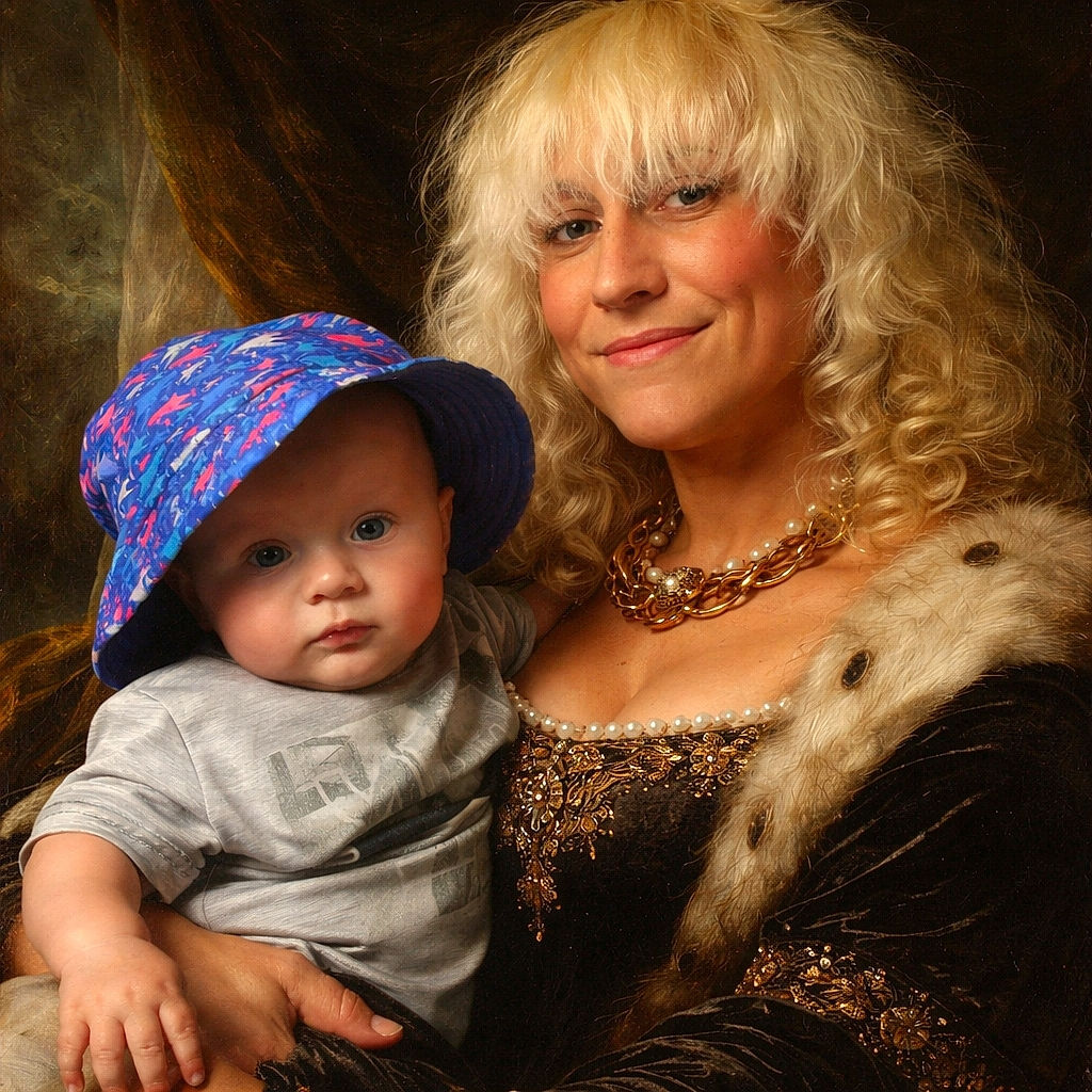 A cheerful adult with curly blonde hair and a black hat smiles warmly while holding a curious baby wearing a colorful blue bucket hat and a gray shirt, both posing indoors with soft lighting highlighting their faces.