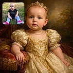 A wide-eyed baby sits like a tiny monarch of the lawn — pink shoes planted, chubby cheeks on full display, staring into the distance as if deciding which dandelion to rule next.