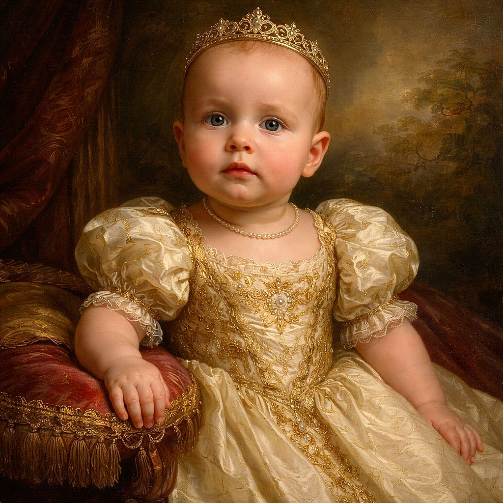 A wide-eyed baby sits like a tiny monarch of the lawn — pink shoes planted, chubby cheeks on full display, staring into the distance as if deciding which dandelion to rule next.