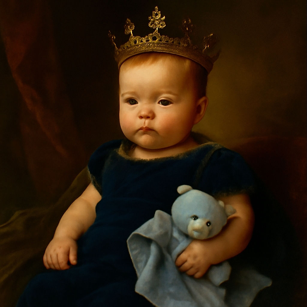 A chubby-cheeked baby in a blue outfit lounges on a cozy cream blanket, clutching a matching blue teddy bear blanket, looking curiously off to the side with a soft-focus background.