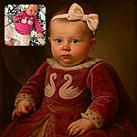 A cute baby wearing a pink headband with a bow and a pink shirt featuring two swans is lying on a patterned black and white blanket, looking curiously at something off-camera with a slightly pursed expression.