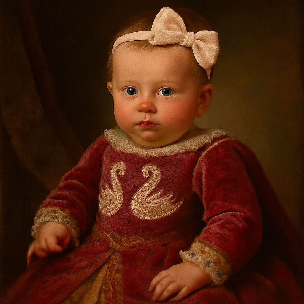A cute baby wearing a pink headband with a bow and a pink shirt featuring two swans is lying on a patterned black and white blanket, looking curiously at something off-camera with a slightly pursed expression.