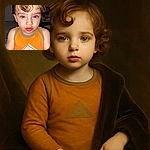 A close-up of a curious toddler with a distinctive curl on their forehead, wearing an orange tank top with a quirky face illustration, staring directly at the camera with wide, expressive eyes.