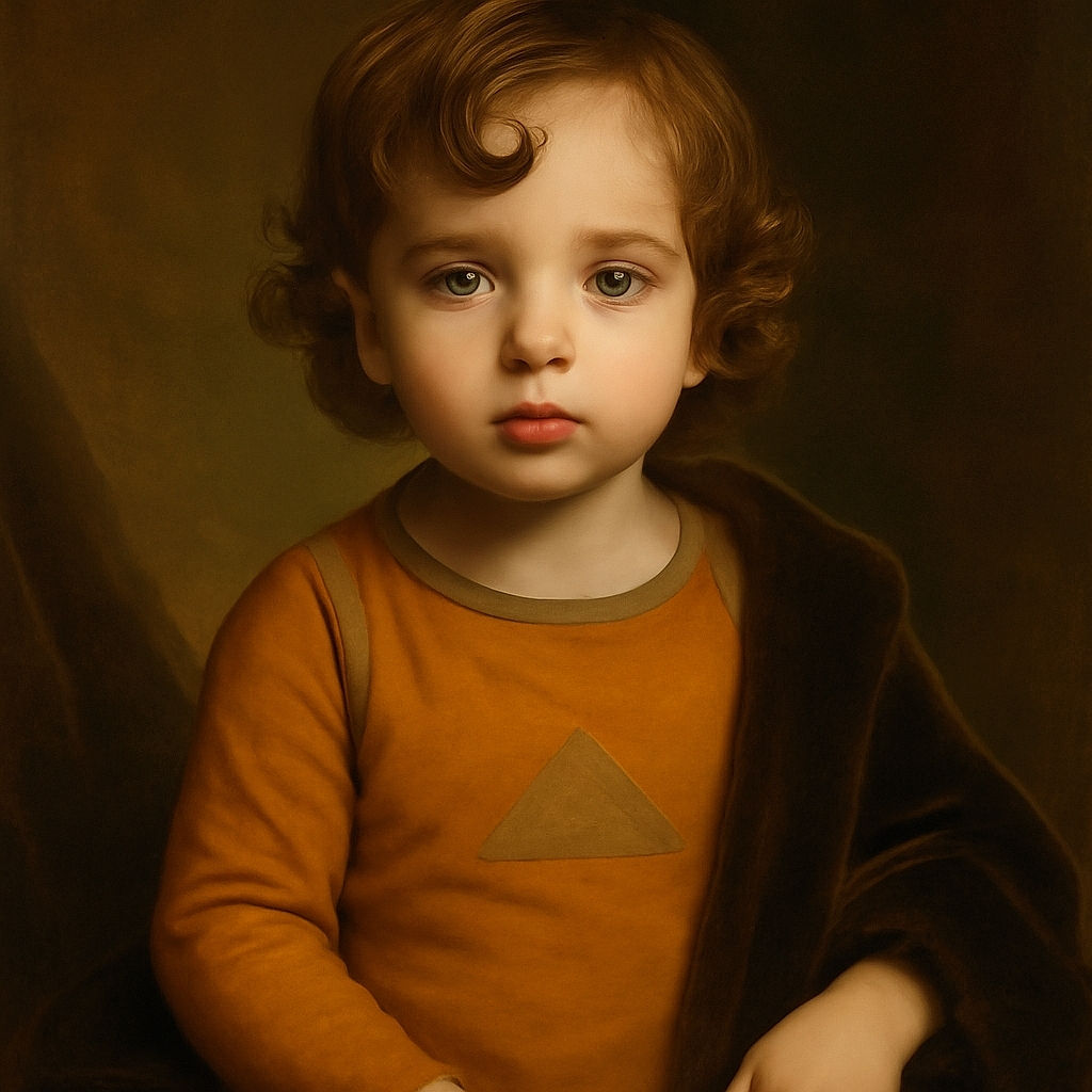A close-up of a curious toddler with a distinctive curl on their forehead, wearing an orange tank top with a quirky face illustration, staring directly at the camera with wide, expressive eyes.
