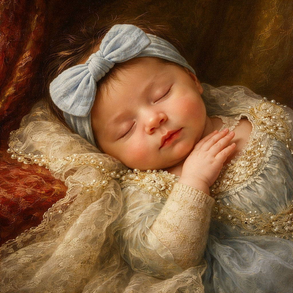 A peaceful newborn baby wrapped snugly in a blue knitted blanket with a matching blue bow headband, sleeping soundly on a cozy cream and blue textured cushion by a window with soft natural light.