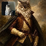 A majestic fluffy cat with a serious expression sits regally on a dark chair, looking like the ruler of all indoor kingdoms, with its fur flowing like a lion's mane and a moody backdrop.