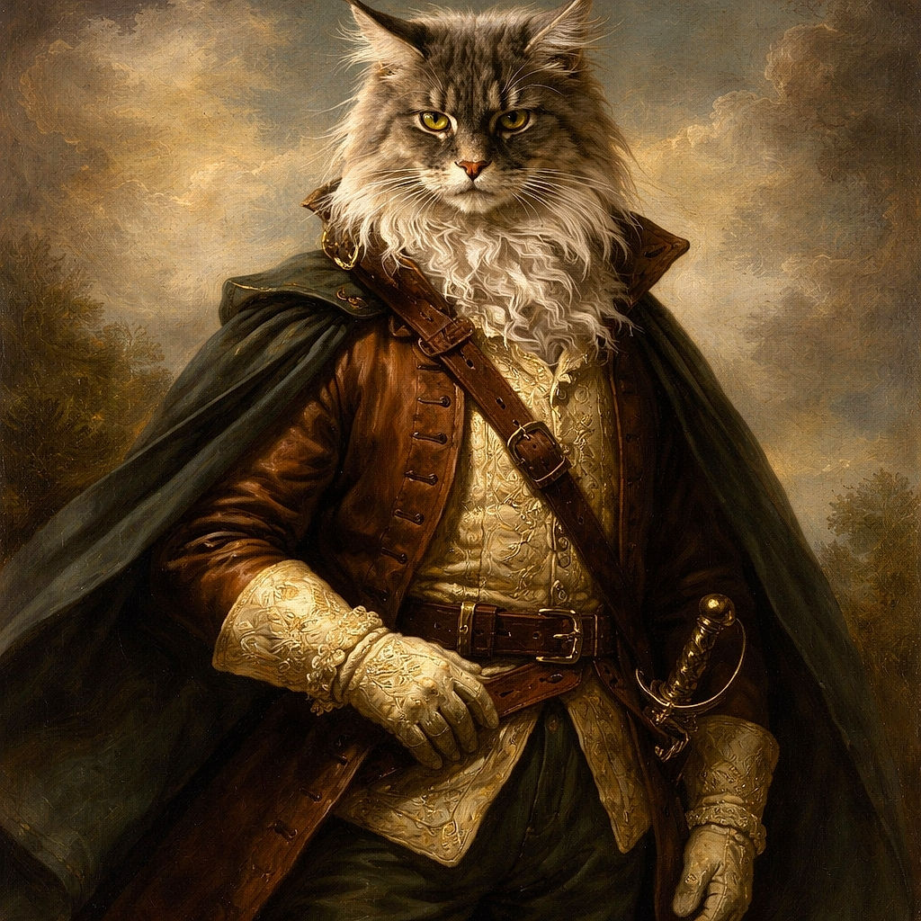 A majestic fluffy cat with a serious expression sits regally on a dark chair, looking like the ruler of all indoor kingdoms, with its fur flowing like a lion's mane and a moody backdrop.