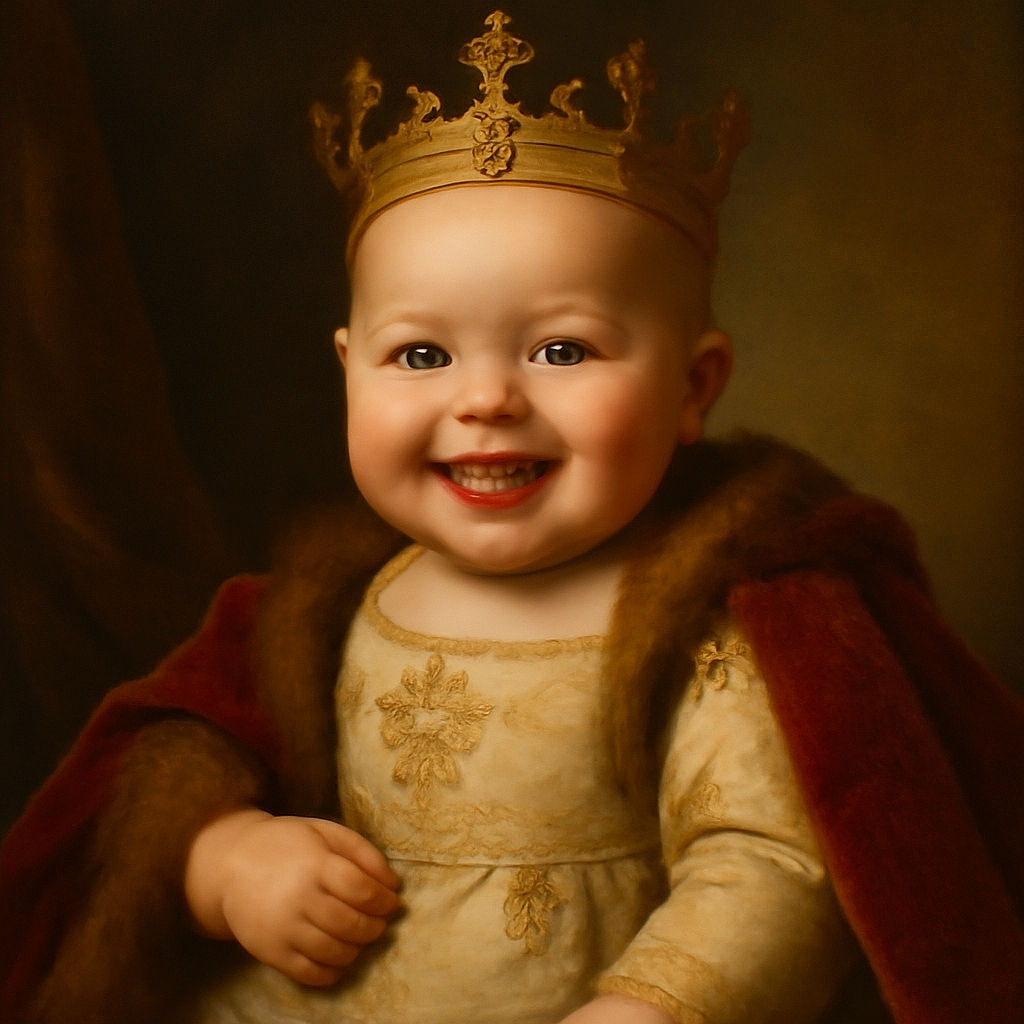 A close-up shot of a smiling baby lying on a patterned blanket, with bright eyes and a playful expression, radiating pure joy and innocence.