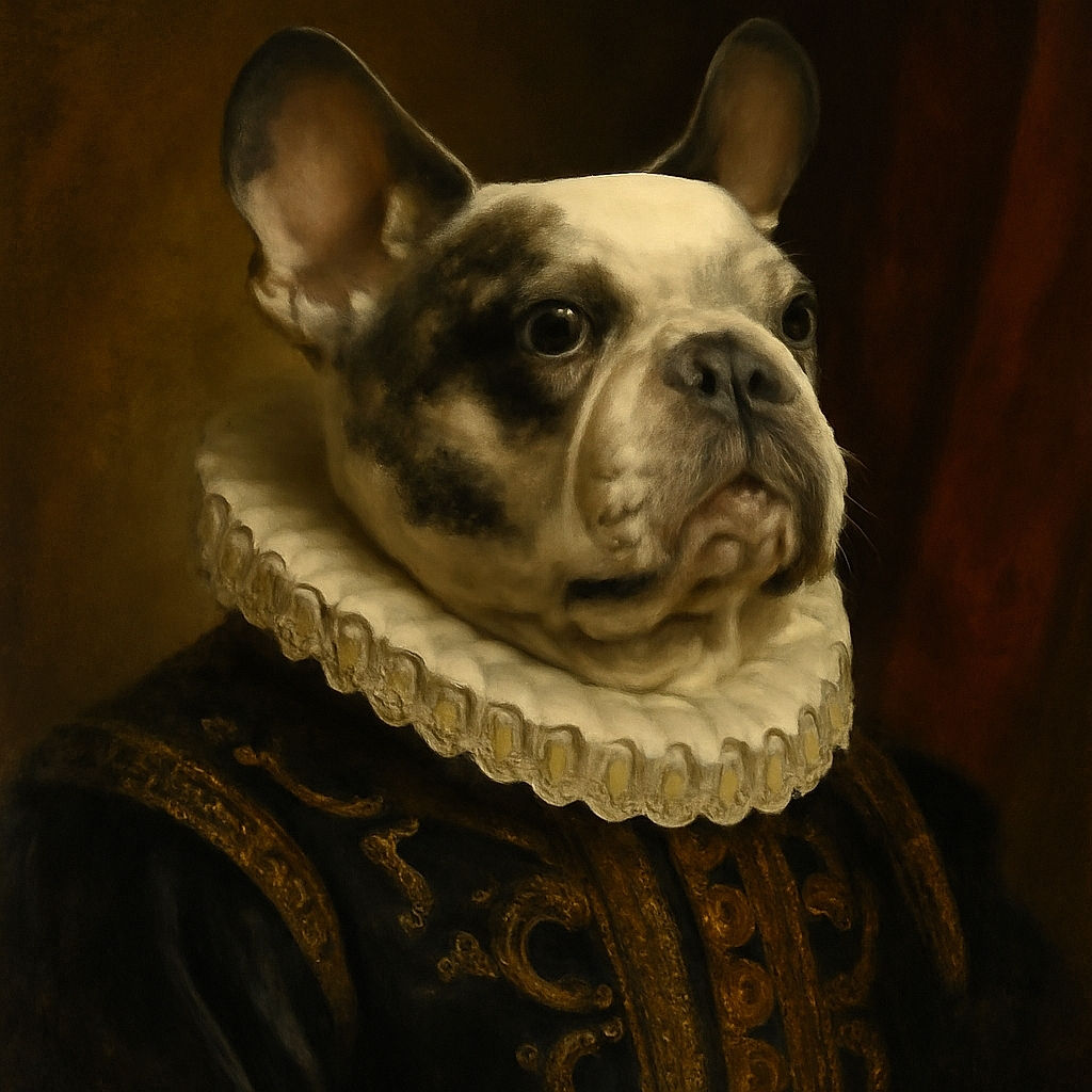 A charming French Bulldog gazes upward with a curious and slightly regal expression, showcasing its distinctive black and white markings and large ears. The cozy indoor setting with a soft rug and warm lighting adds to the intimate and endearing feel of the photo.