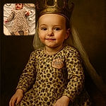 A charming baby lies on a bed wearing a leopard-print dress and cozy beige tights, flashing a cute smile as if ready to pounce on the day. The soft bedding and a pacifier nearby add to the snug, playful vibe of this adorable snapshot.