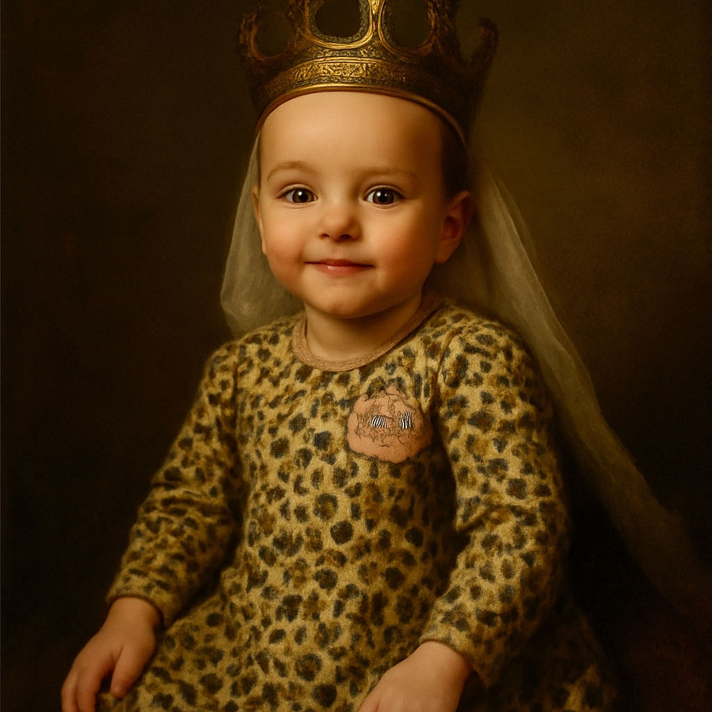 A charming baby lies on a bed wearing a leopard-print dress and cozy beige tights, flashing a cute smile as if ready to pounce on the day. The soft bedding and a pacifier nearby add to the snug, playful vibe of this adorable snapshot.