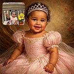 A cheerful baby wearing a silver tiara sits happily in a crib, waving one hand while clutching a pink Minnie Mouse plush toy. Next to the baby is a bright yellow flower plush in a red pot, and behind them, a wooden crib headboard and pastel curtains with star patterns create a cozy nursery vibe.