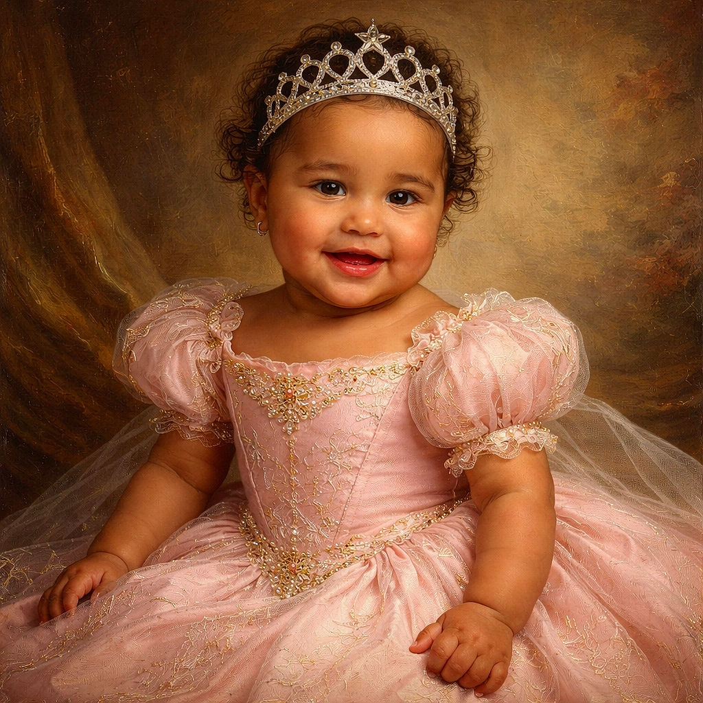 A cheerful baby wearing a silver tiara sits happily in a crib, waving one hand while clutching a pink Minnie Mouse plush toy. Next to the baby is a bright yellow flower plush in a red pot, and behind them, a wooden crib headboard and pastel curtains with star patterns create a cozy nursery vibe.