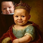 A close-up of an adorable baby with chubby cheeks and a slight smile, eyes sparkling with curiosity and warmth, wrapped in a soft blue garment against a dark blurred background.