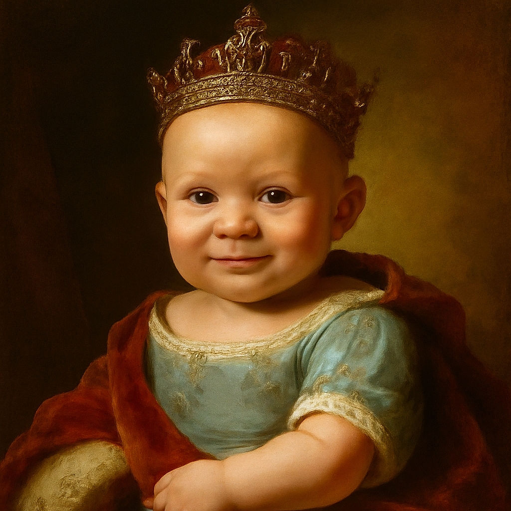 A close-up of an adorable baby with chubby cheeks and a slight smile, eyes sparkling with curiosity and warmth, wrapped in a soft blue garment against a dark blurred background.