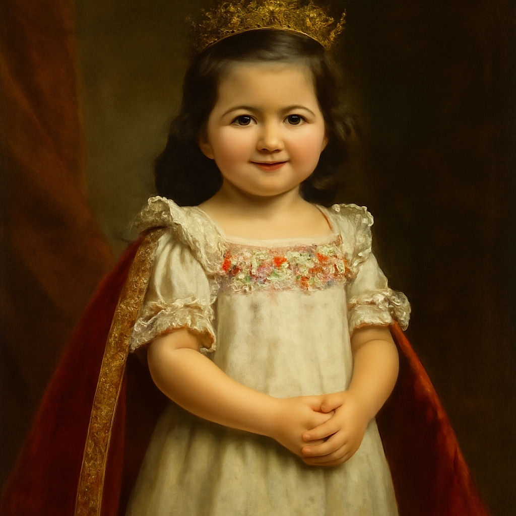 A charming little girl stands confidently in front of blue doors, wearing a white dress with colorful embroidery and sparkly sandals, flashing a shy smile and crossing her arms like a tiny boss.