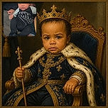 A serious-looking baby sits proudly on an adult’s lap, dressed like a tiny streetwear boss with crossed legs and a poker face that says the meeting could have been an email. The indoor couch setting is cozy, though the portrait framing includes noticeable black side borders.