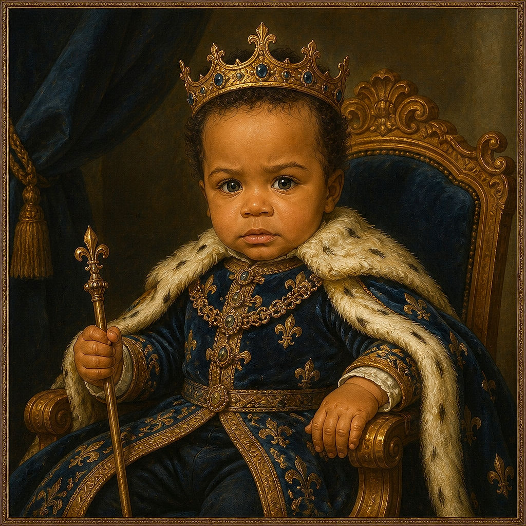 A serious-looking baby sits proudly on an adult’s lap, dressed like a tiny streetwear boss with crossed legs and a poker face that says the meeting could have been an email. The indoor couch setting is cozy, though the portrait framing includes noticeable black side borders.