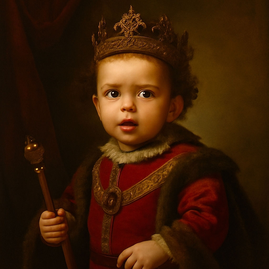 A wide-eyed toddler in playful Halloween-themed pajamas looks surprised or curious, sitting indoors with a slightly cluttered background including water bottles and a rose on a dresser.