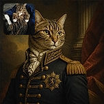 A serious-looking tabby cat sits upright like a tiny furry monarch, paws neatly displayed and gaze fixed on the camera, while another cat’s striped back forms a dramatic living throne in the foreground.