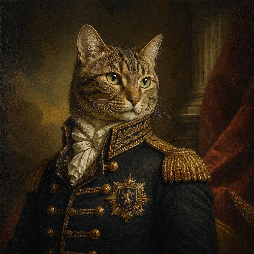 A serious-looking tabby cat sits upright like a tiny furry monarch, paws neatly displayed and gaze fixed on the camera, while another cat’s striped back forms a dramatic living throne in the foreground.