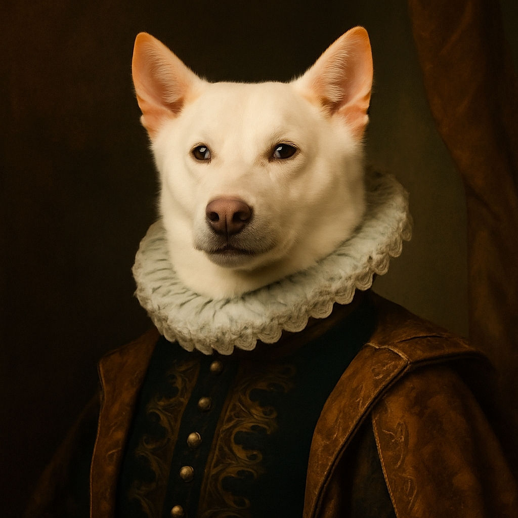 A poised white dog with a black harness sits patiently in the back of a car, ears perked up and eyes full of calm curiosity. The background is a mix of car interior and a colorful object, with three small black heart emojis floating near the dog's head adding a touch of affection.