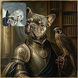 A wonderfully squishy French bulldog stares up from the tiled floor with the intensely serious expression of a tiny wrinkled bouncer, while sunlight gives its forehead a dramatic golden highlight.