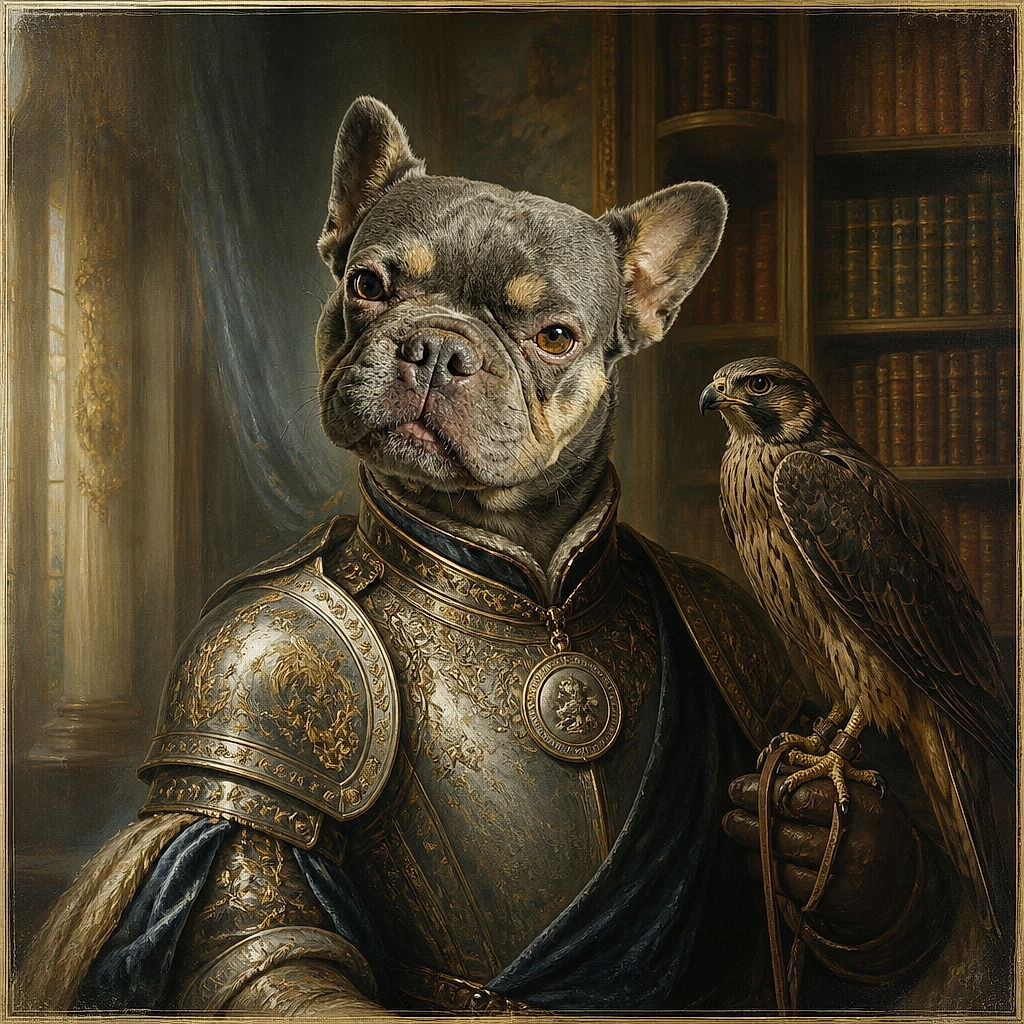 A wonderfully squishy French bulldog stares up from the tiled floor with the intensely serious expression of a tiny wrinkled bouncer, while sunlight gives its forehead a dramatic golden highlight.