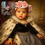 A cute baby dressed in a black and white outfit with a pink bow hat is being held up by an adult. The background shows a pink wall, a white crib, and a person walking away, creating a cozy home atmosphere.