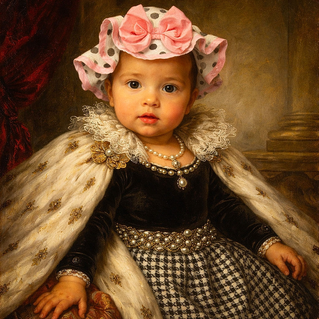 A cute baby dressed in a black and white outfit with a pink bow hat is being held up by an adult. The background shows a pink wall, a white crib, and a person walking away, creating a cozy home atmosphere.
