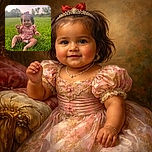 A cheerful baby girl sitting on lush green grass in a park during golden hour, wearing a floral dress with a pink bow on her head, smiling with curiosity and innocence while surrounded by a serene natural background of trees and blue sky.