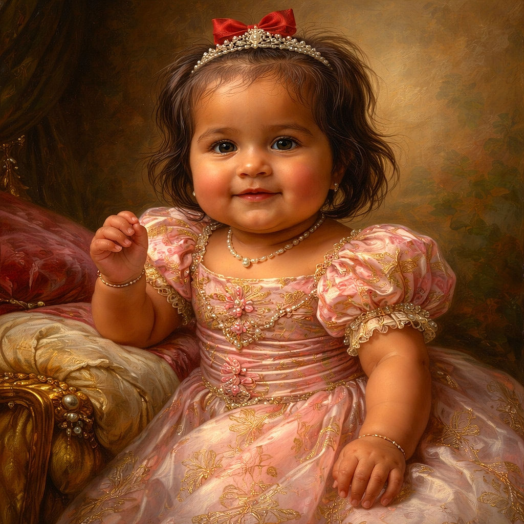 A cheerful baby girl sitting on lush green grass in a park during golden hour, wearing a floral dress with a pink bow on her head, smiling with curiosity and innocence while surrounded by a serene natural background of trees and blue sky.