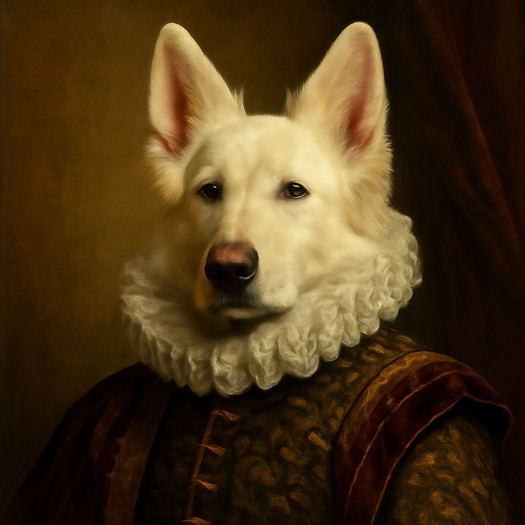 A fluffy white dog, possibly a Swiss Shepherd, is front and center with a curious and friendly expression. The background shows a serene outdoor setting with a pool, wooden deck, and green trees under a clear blue sky, creating a peaceful and natural vibe.