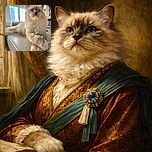 A fluffy cat lounges majestically on a patterned table, paws crossed like a sophisticated feline CEO, basking in the soft natural light streaming through the window behind it.