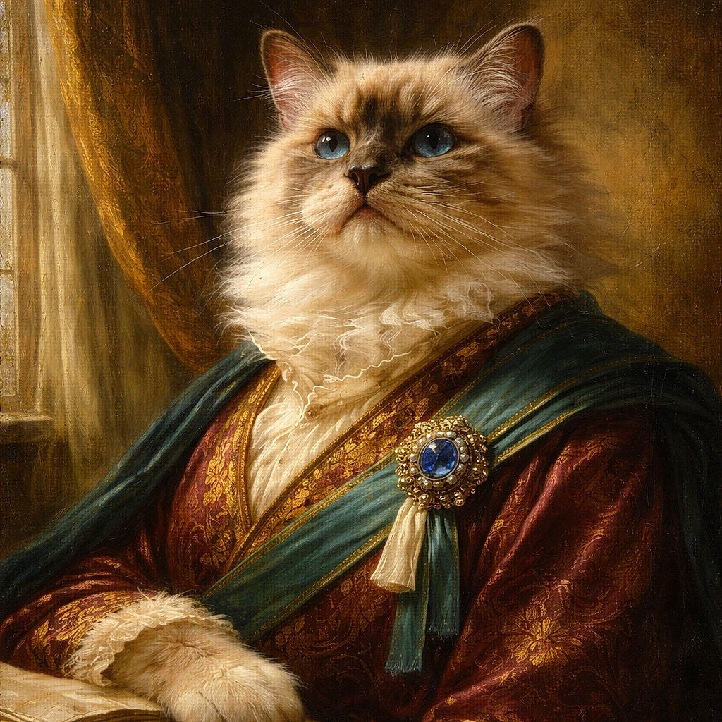 A fluffy cat lounges majestically on a patterned table, paws crossed like a sophisticated feline CEO, basking in the soft natural light streaming through the window behind it.