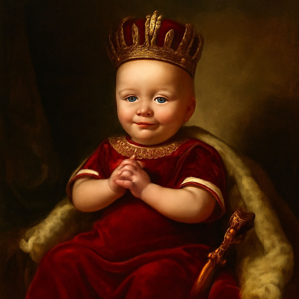 A cheerful baby dressed in a bright red sports outfit sits comfortably on a cozy gray couch, hands clasped and smiling with a hint of drool, surrounded by soft blankets.