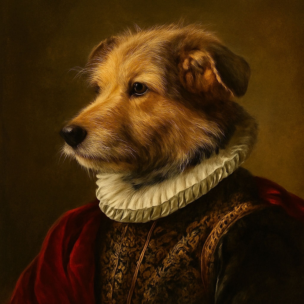 A scruffy, curious dog stands on a muddy patch near a small pond, gazing thoughtfully into the misty, tree-lined background, embodying the spirit of an adventurous outdoor explorer.