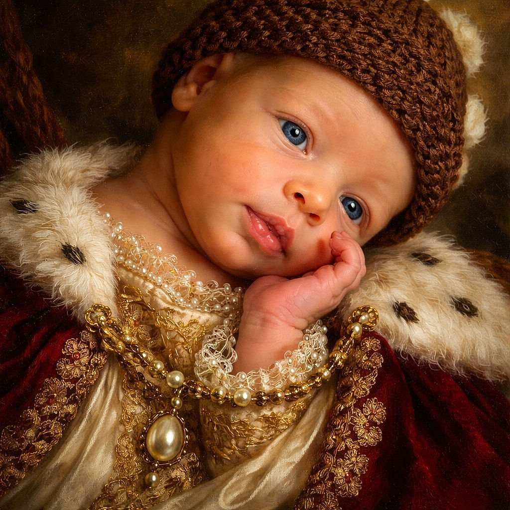 A curious newborn in a brown knit beanie inspects the world with wide blue eyes and a tiny thumb headed for the mouth — skin still showing newborn flakes, soft blanket background, and a portrait-perfect closeup that screams 'I woke up like this.'