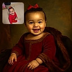 A cheerful baby girl dressed in festive red with a matching bow is sitting on a beige floor, flashing a bright smile that could light up any room. Behind her, a trash can and a pink box with a cartoon dog add a hint of everyday life to this adorable moment.