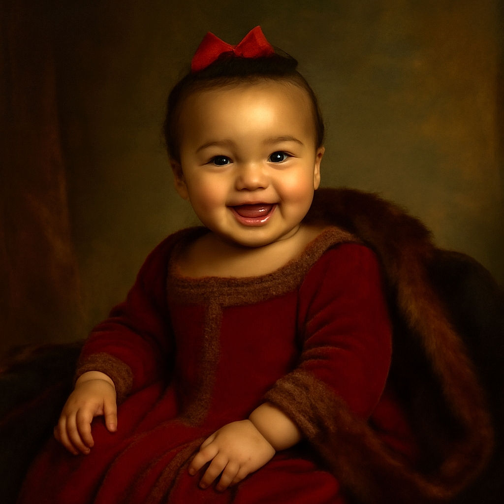 A cheerful baby girl dressed in festive red with a matching bow is sitting on a beige floor, flashing a bright smile that could light up any room. Behind her, a trash can and a pink box with a cartoon dog add a hint of everyday life to this adorable moment.