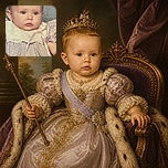A wide-eyed baby in a tiny bow looks completely unimpressed, as if the photographer has interrupted an important royal meeting. The infant wears a delicate patterned dress and sits outdoors with a softly blurred garden and pavement in the background.
