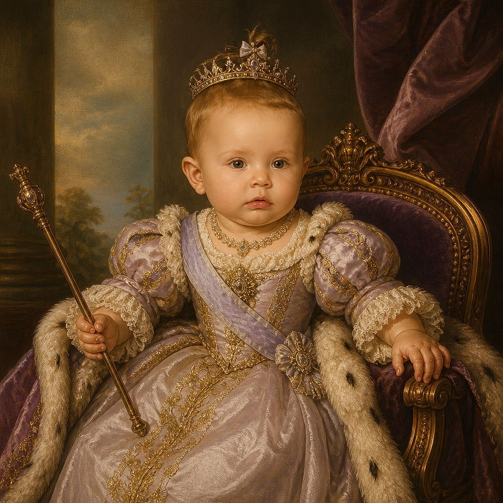 A wide-eyed baby in a tiny bow looks completely unimpressed, as if the photographer has interrupted an important royal meeting. The infant wears a delicate patterned dress and sits outdoors with a softly blurred garden and pavement in the background.